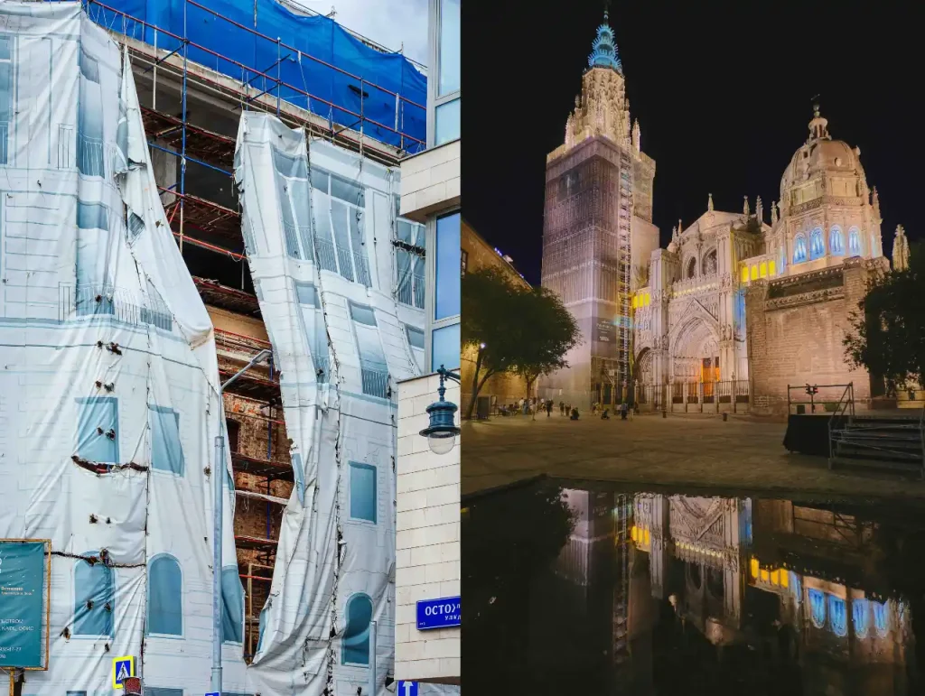 Lonas de gran formato que imitan la fachada de los edificios.